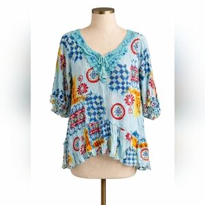 Minkas Boho Peasant Blouse XXL Blue Multicolour Crochet Neckline Tunic